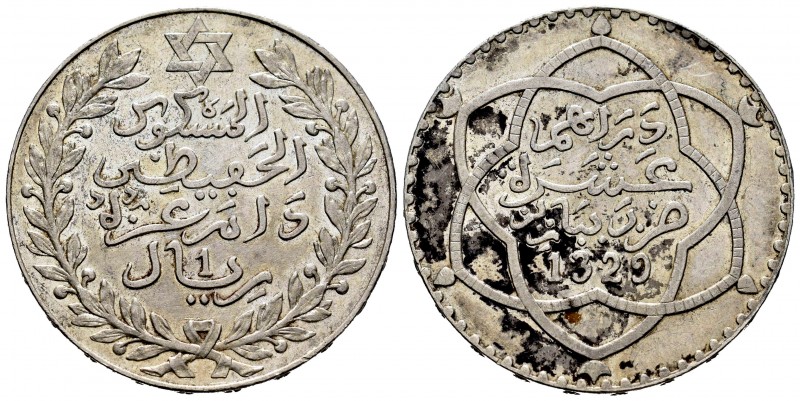 Marruecos. Abd Al-Hafiz. 1 rial (10 dinares). 1329 H. París. (Km-Y25). Ag. 24,93...