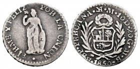 Perú. 1/2 real. 1850. Lima. MB. (Km-144.7). Ag. 1,60 g. MBC-. Est...20,00. English: Peru. 1/2 real. 1850. Lima. MB. (Km-144.7). Ag. 1,60 g. Almost VF....