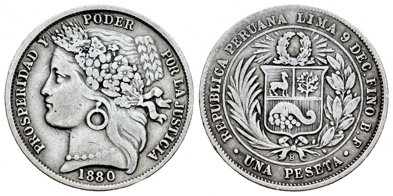 Perú. 1 peseta. 1880. Lima. BF. (Km-200.1). Ag. 4,95 g. MBC+. Est...15,00. Engli...
