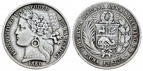 Perú. 1 peseta. 1880. Lima. BF. (Km-200.1). Ag. 4,95 g. MBC+. Est...15,00. English: Peru. 1 peseta. 1880. Lima. BF. (Km-200.1). Ag. 4,95 g. Choice VF....