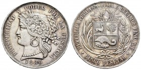 Perú. 5 pesetas. 1880. Lima. BF. (Km-201.1). Ag. 24,88 g. Golpecitos en el canto. MBC+. Est...40,00. English: Peru. 5 pesetas. 1880. Lima. BF. (Km-201...