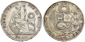 Perú. 1 sol. 1871. Lima. YJ. (Km-196.3). Ag. 24,88 g. Golpes en el canto. EBC-. Est...30,00. English: Peru. 1 sol. 1871. Lima. YJ. (Km-196.3). Ag. 24,...