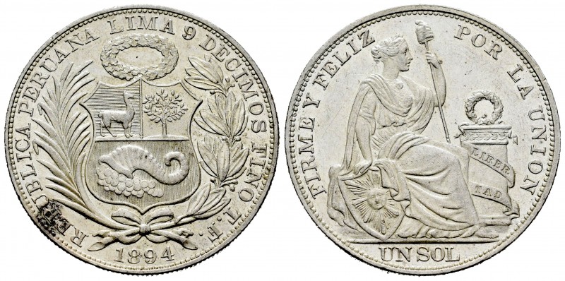 Perú. 1 sol. 1894. Lima. TF. (Km-196.26). Ag. 25,00 g. Restos de brillo original...
