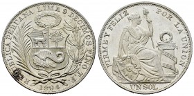 Perú. 1 sol. 1894. Lima. TF. (Km-196.26). Ag. 25,00 g. Restos de brillo original. EBC+. Est...35,00. English: Peru. 1 sol. 1894. Lima. TF. (Km-196.26)...