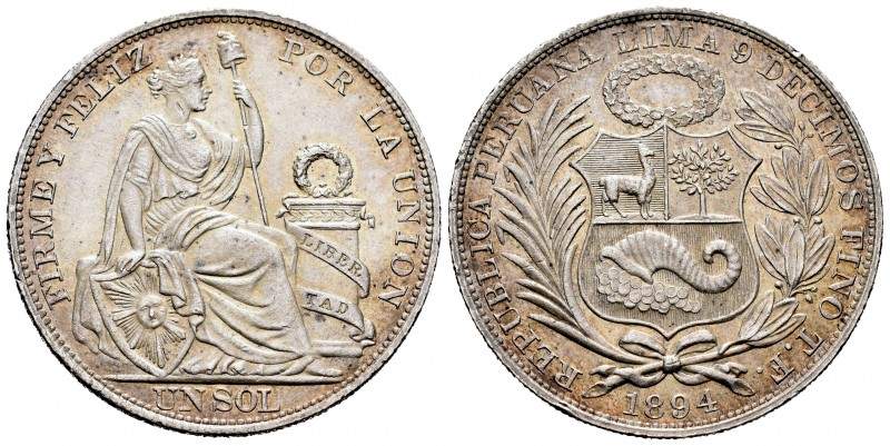 Perú. 1 sol. 1894. Lima. TF. (Km-196.25). Ag. 24,99 g. Golpecitos en el canto. R...