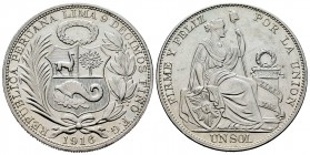 Perú. 1 sol. 1916. Lima. FG. (Km-196.28). Ag. 24,96 g. LIBERTAD en relieve. EBC. Est...35,00. English: Peru. 1 sol. 1916. Lima. FG. (Km-196.28). Ag. 2...
