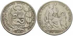 Perú. 1 sol. 1924. Lima. (Km-218.2). Ag. 24,47 g. MBC. Est...15,00. English: Peru. 1 sol. 1924. Lima. (Km-218.2). Ag. 24,47 g. VF. Est...15,00.