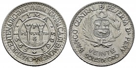 Perú. 20 soles. 1965. Lima. (Km-241). Ag. 7,86 g. 400º aniversario de la ceca de Lima. SC. Est...20,00. English: Peru. 20 soles. 1965. Lima. (Km-241)....