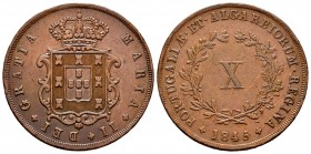 Portugal. María II. 10 reis. 1845. (Km-481). (Gomes-33.07). Ae. 13,50 g. Golpecitos en el canto. MBC+. Est...25,00. English: Portugal. 10 reis. 1845. ...