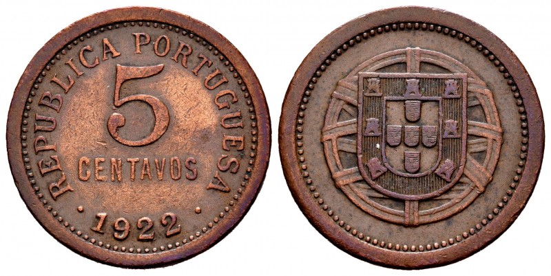 Portugal. 5 centavos. 1922. (Km-569). (Gomes-05.03). Ae. 7,92 g. Muy rara. MBC. ...