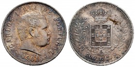 Portugal. Carlos I. 500 reis. 1901. (Km-535). (Gomes-11.16). Ag. 12,41 g. MBC+. Est...30,00. English: Portugal. Karl I. 500 reis. 1901. (Km-535). (Gom...