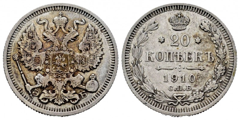 Rusia. Nicholas II. 20 kopeks. 1910. San Petesburgo. (Km-Y22a.1). (Bitkin-110). ...