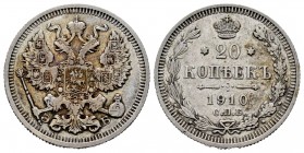 Rusia. Nicholas II. 20 kopeks. 1910. San Petesburgo. (Km-Y22a.1). (Bitkin-110). Ag. 3,55 g. MBC-. Est...15,00. English: Russia. Nicholas II. 20 kopeks...