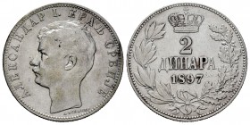 Serbia. Alejandro I. 2 dinara. 1897. (Km-22). Ag. 10,01 g. MBC-/MBC. Est...15,00. English: Serbia. Alexander I. 2 dinara. 1897. (Km-22). Ag. 10,01 g. ...