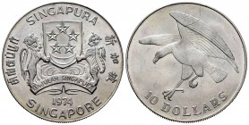 Singapur. 10 dollars. 1974. (Km-9.2a). Ag. 30,83 g. SC. Est...30,00. English: Singapour. 10 dollars. 1974. (Km-9.2a). Ag. 30,83 g. UNC. Est...30,00.