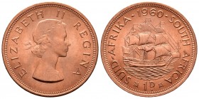 Sudáfrica. Elizabeth II. 1 penny. 1960. (Km-46). Ae. 9,38 g. Brillo original. SC. Est...18,00. English: South Africa. Elizabeth II. 1 penny. 1960. (Km...