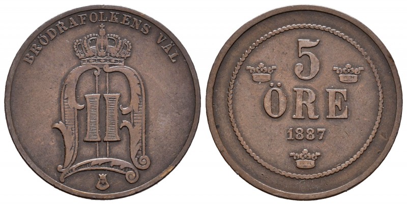 Suecia. Oscar II. 5 ore. 1887. (Km-736). Ae. 7,73 g. MBC. Est...20,00. English: ...