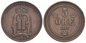 Suecia. Oscar II. 5 ore. 1887. (Km-736). Ae. 7,73 g. MBC. Est...20,00. English: Sweden. 5 ore. 1887. (Km-736). Ae. 7,73 g. VF. Est...20,00.