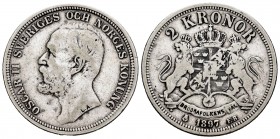 Suecia. Oscar II. 2 coronas. 1897. EB. (Km-761). Ag. 14,74 g. BC. Est...18,00. English: Sweden. 2 coronas. 1897. EB. (Km-761). Ag. 14,74 g. F. Est...1...