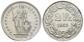 Suiza. 2 francos. 1943. Berna. B. (Km-25). Ag. 10,00 g. EBC+. Est...35,00. English: Switzerland. 2 francos. 1943. Bern. B. (Km-25). Ag. 10,00 g. AU. E...