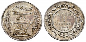 Túnez. Muhamad al-Nasir Bey. 1 franco. 1908. París. A. (Km-238). Ag. 5,01 g. SC-. Est...35,00. English: Tunisia. Muhamad al-Nasir Bey. 1 franco. 1908....