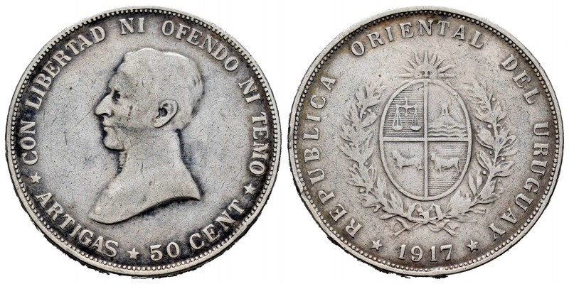 Uruguay. 50 centésimos. 1917. (Km-22). Ag. 12,35 g. Golpecitos en el canto. MBC-...