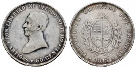Uruguay. 50 centésimos. 1917. (Km-22). Ag. 12,35 g. Golpecitos en el canto. MBC-/MBC. Est...15,00. English: Uruguay. 50 centésimos. 1917. (Km-22). Ag....