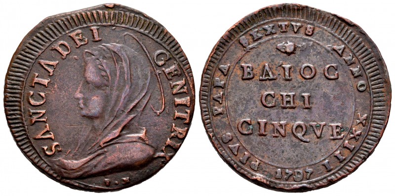 Italia. Estados Papales. Pío VI. 5 baiocchi. 1797 (anno XIII). Roma. (Km-1245). ...