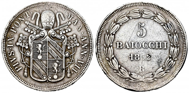 Italia. Estados Papales. Pío IX. 5 baiocchi. 1852. Roma. R. (Km-1356). (Pagani-4...