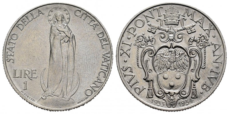 Vaticano. Pío XI. 1 lira. 1933-1934. Roma. (Km-15). Ni. 7,90 g. Año jubilar. SC....