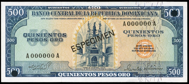 República Dominicana. 500 pesos oro. 1964. (P-105s3). ESPECIMEN, serie A000000A ...