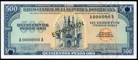 República Dominicana. 500 pesos oro. 1964. (P-105s3). ESPECIMEN, serie A000000A en negro y dos taladros. SC. Est...20,00. English: Dominican Republic....