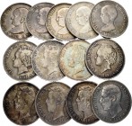 Lote de 13 piezas de 5 pesetas del centenario diferentes, 3 de Amadeo I *71, *74, *75, 1 de Alfonso XII 1882 y 9 de Alfonso XIII 1888, 1890 (2), 1891,...