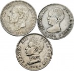 España. Lote de 3 piezas de 2 pesetas distintas con las estrellas visibles.,1879, 1892, 1905. A EXAMINAR. BC+/MBC-. Est...30,00. English: Spain. Lote ...