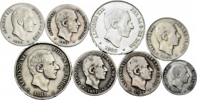 España. Alfonso XII (1874-1885). Lote de 8 piezas de Filipinas, 2 de 50 centavos (1881, 1885), 5 de 20 centavos (1881, 1882, 1883, 1884, 1885) y 1 de ...
