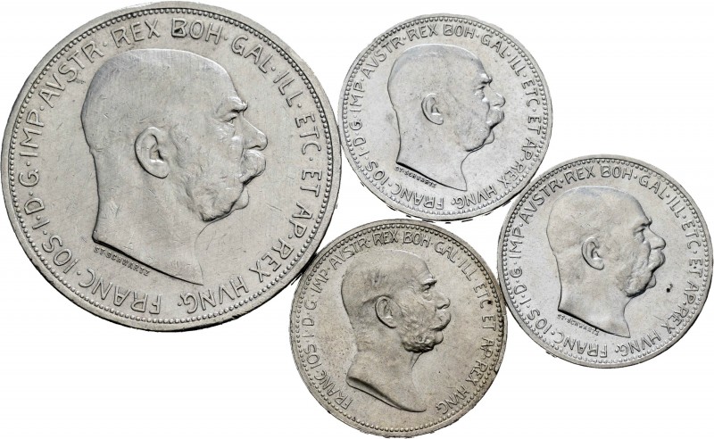 Austria. Franz Joseph I. Lote de 4 piezas de plata, 3 de 1 corona (1908, 1914, 1...