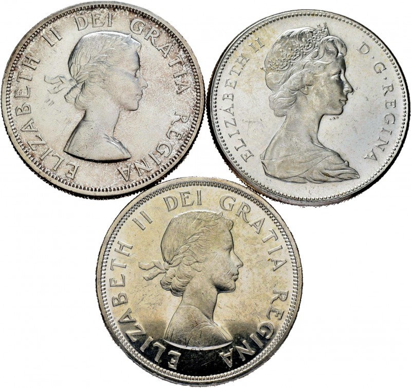 Canadá. Lote de 3 piezas de plta de 1 dollar, 1958, 1964, 1967. A EXAMINAR. EBC/...