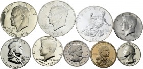 Estados Unidos. Lote de 9 piezas, 1 de 1/4 de dollar (1976), 3 de 1/2 dollar (1963, 1964, 1976), 5 de 1 dollar (1971, 1974, 1976, 1997, 2000). A EXAMI...