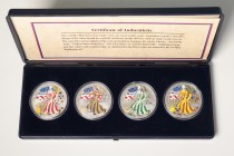Estados Unidos. 2001. Lote de 4 piezas de 1 dollar de plata coloreados, de la serie "Four Seasons 2001", con su caja y certificado original. A EXAMINA...