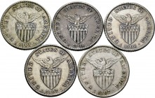 Lote de 5 monedas de 1 peso de Filipinas de la Administración de Estados Unidos 1907 (3) y 1908 (2), todas ellas de la ceca de San Francisco. A EXAMIN...