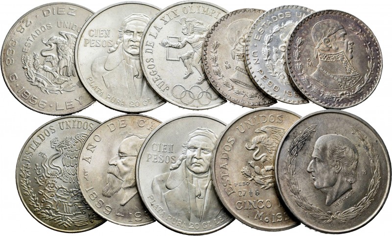 México. Lote de 11 piezas de plata, 3 de 1 peso (1962, 1966(2)), 3 de 5 pesos (1...