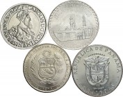 Lote de 4 piezas de plata de distintos países, Panamá (5 balboas 1970), Egipto (1 libra 1982), Perú (400 soles 1974) y Bélgica (5 ECUS 1987). A EXAMIN...