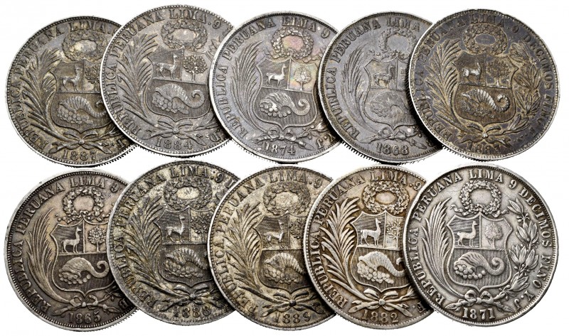 Perú. Lote de 10 piezas de 1 sol de plata, 1865, 1868, 1871, 1874, 1882, 1883, 1...
