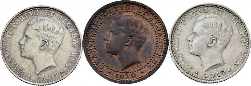 Portugal. Lote de 3 piezas de Carlos I. 1 de 5 reis 1910 y 2 de 100 reis, 1909, ...