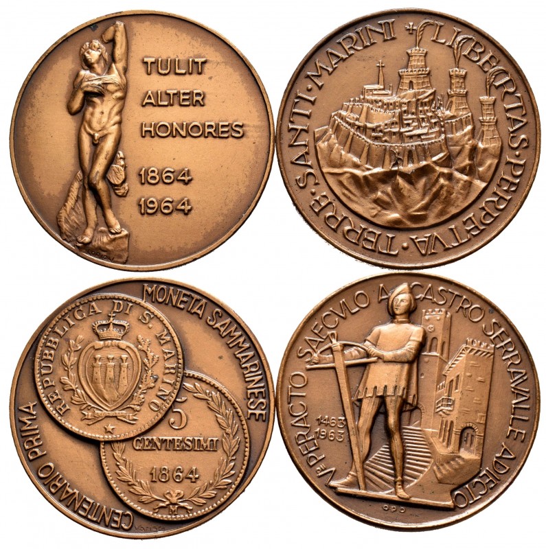 San Marino. Lote de 2 medallas de cobre de San Marino, 1963 (centenario de la pr...
