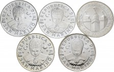 San Marino. Lote de 5 piezas de plata, 1 de 100 liras (1997), 4 de 5000 liras (1998, 1999, 2000, 2001). A EXAMINAR. SC. Est...60,00. English: San Mari...