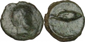Hispania. Gades. AE 15 mm, c. 250-200 BC. D/ Head of Melqart-Herakles right. R/ Tuna. AE. g. 2.70 mm. 15.00 R. Olive-green patina. F.