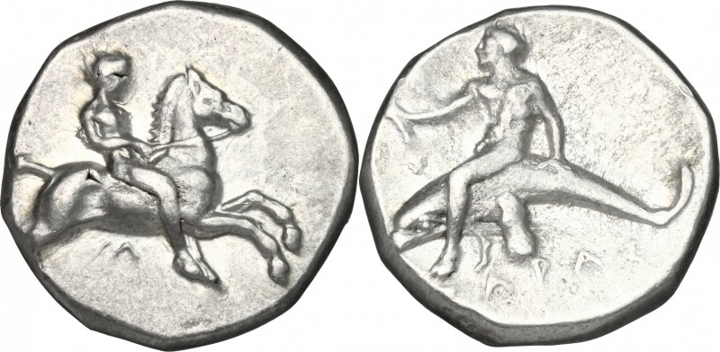 Greek Italy. Southern Apulia, Tarentum. AR Nomos, 380-340 BC. D/ Horseman gallop...