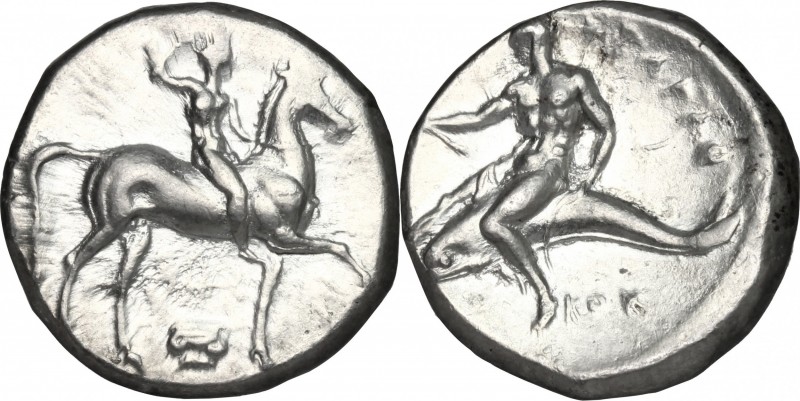 Greek Italy. Southern Apulia, Tarentum. AR Nomos, 332-302 BC. D/ Horseman right;...
