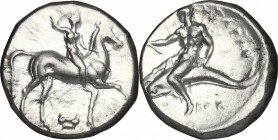 Greek Italy. Southern Apulia, Tarentum. AR Nomos, 332-302 BC. D/ Horseman right; below, Ionic capital. R/ Phalantos riding on dolphin left, holding se...